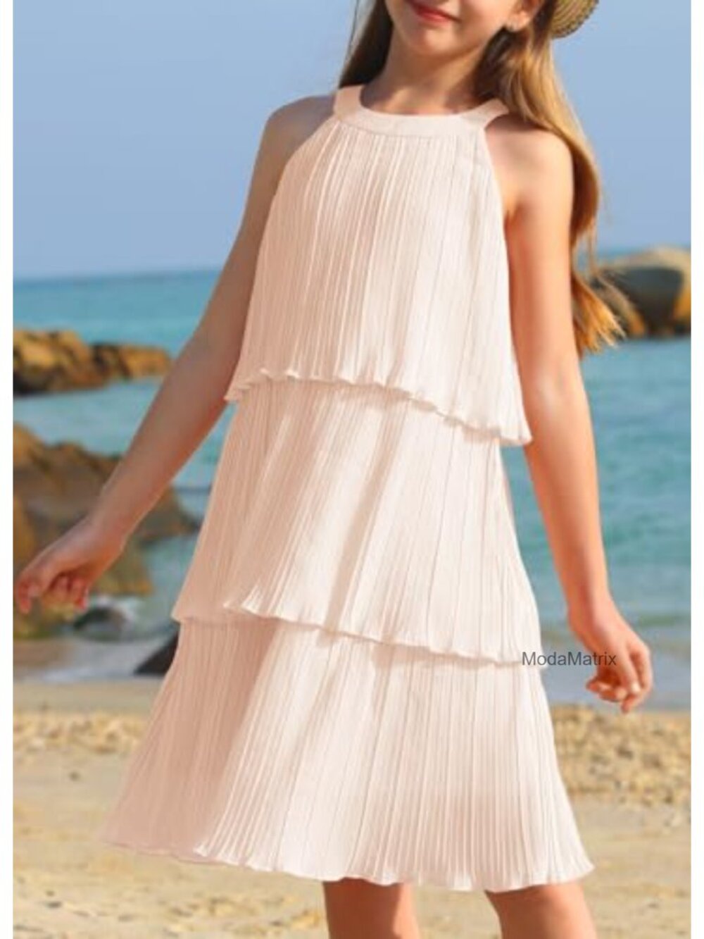 Girls Halter Tiered Ruffle Swing Dress Sleeveless Chiffon A-Line - Picture 3 of 6